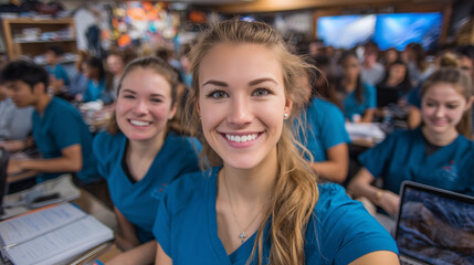 Overhead view of nursing students in a classroom, all wearing teal scrubs, some smiling, attentive, with textbooks and laptops open, dynamic educational atmosphere