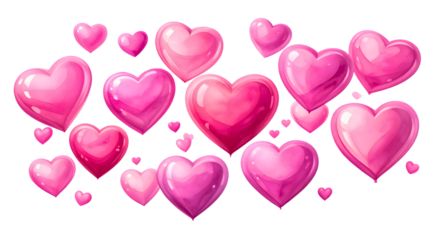 Pink watercolor heart set including solid, outlined, tall, and layered shapes isolated. Romantic decorative elements for valentines day and wedding stationery.