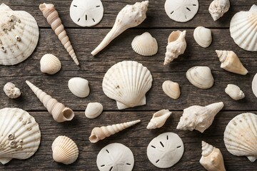 Collection of Mixed Sea Shells on Rustic Wooden Table Top View