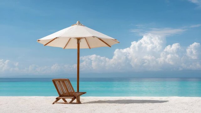Wooden beach chair positioned under crisp white parasol on pristine sandy shore, overlooking turquoise ocean waters beneath cloudy blue summer sky, inviting relaxation and peaceful tropical scenery
