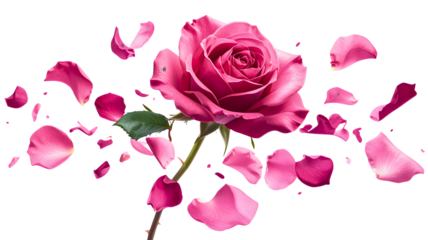 Beautiful ranunculus flower with vibrant pink petals is surrounded by scattered petals, creating stunning visual effect