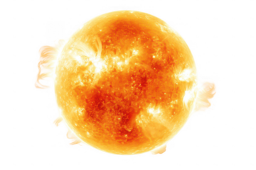 A large orange sun is in the center of the image