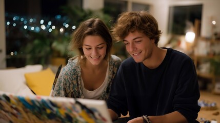 A couple enjoying a creative date night at home, immersed in painting together on canvas, splashes of color around them, capturing the joy of shared artistic expression in their cozy living space.