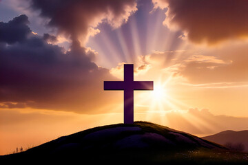 Imagen conceptual de Semana Santa con cruz en silueta y luz espiritual al amanecer. Escena sobria que transmite fe, recogimiento y reflexi&oacute;n, ideal para dise&ntilde;o editorial y religioso.