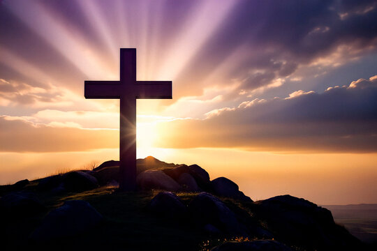 Imagen conceptual de Semana Santa con cruz en silueta y luz espiritual al amanecer. Escena sobria que transmite fe, recogimiento y reflexi&oacute;n, ideal para dise&ntilde;o editorial y religioso.