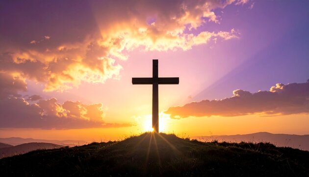 Imagen conceptual de Semana Santa con cruz en silueta y luz espiritual al amanecer. Escena sobria que transmite fe, recogimiento y reflexi&oacute;n, ideal para dise&ntilde;o editorial y religioso.