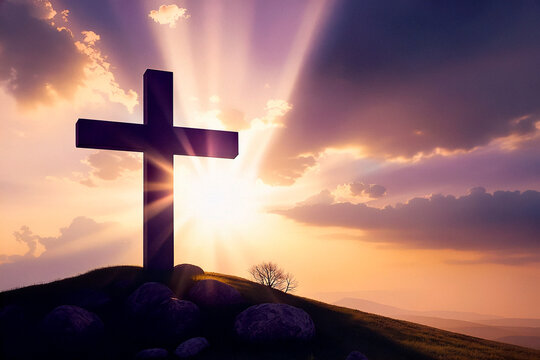 Imagen conceptual de Semana Santa con cruz en silueta y luz espiritual al amanecer. Escena sobria que transmite fe, recogimiento y reflexi&oacute;n, ideal para dise&ntilde;o editorial y religioso.