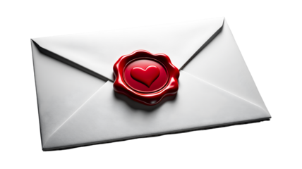 Vintage cream-colored textured paper envelope is sealed with a shiny red wax stamp featuring a romantic heart shape, representing a classic love letter or secret correspondence