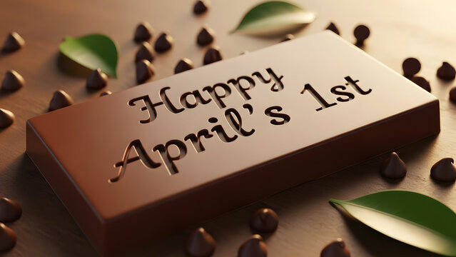 Happy april fools' day chocolate bar with green leaves and coffee beans