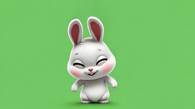 Smiling bunny: This image is a cartoon of a rabbit with a smiling face and soft fur, with closed eyes. The background is a plain shade of green. 