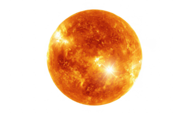 A large orange sun is in the center of the image
