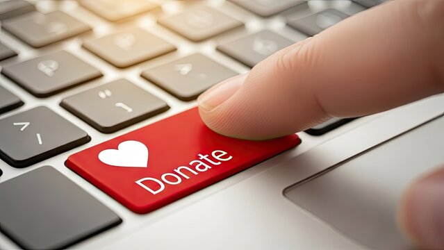 Finger pressing red donate button on laptop keyboard.