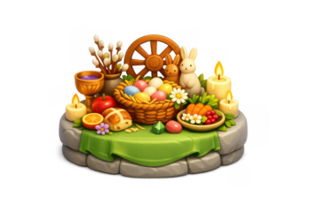 Easter celebration table with decorative eggs, candles, and spring fruits