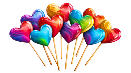 Assortment of brightly colored, translucent heart-shaped lollipops isolated against a crisp transparent background for confectionery design.