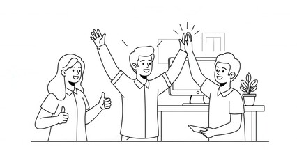 Teamwork success celebration, colleagues high five and thumbs up, modern office setting