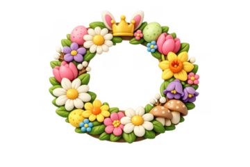 Colorful floral easter wreath with bunny ears and crown for spring decoration