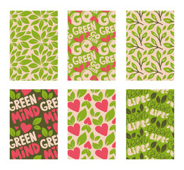 Eco friendly background set with leaves and hand lettering, go green, green life, seamless patterns © Olesia