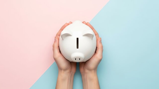 Hands holding a white piggy bank on a pastel pink and blue background.