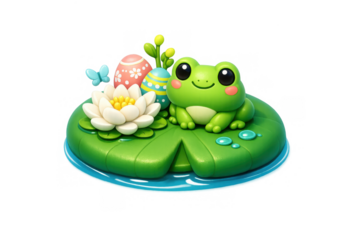 Cute frog on lily pad with easter eggs and flowers: springtime celebration design for decor and crafts