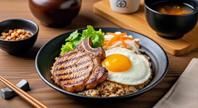 Gourmet Pork Chop Bowl: This mouthwatering composition presents a delectable pork chop bowl, exquisitely arranged with a grilled pork chop, a perfectly fried egg, rice, and fresh garnishes.