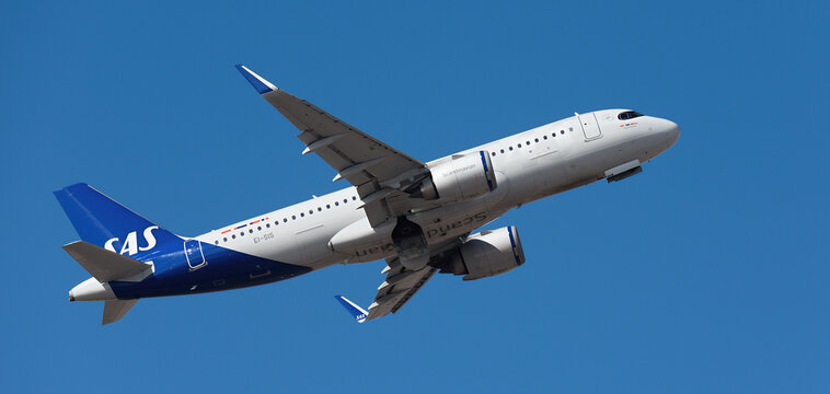 Tenerife, Spain january 7 st, 2025. Airbus A320-251N SAS Airlines flies in the blue sky. Takeoff at Tenerife Airport
