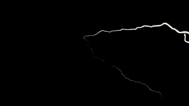 Striking bright white lightning bolts zig zag across a stark black background