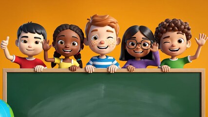 Diverse Group of Happy 3D Cartoon Children Holding a Blank Green Chalkboard, Ready for School and Learning. - Powered by Adobe
