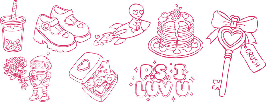 Y2K robot with rose and alien rocket hand drawn vector line art set for futuristic sticker and clothing design PS I LUV U