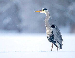 Obraz premium A grey heron stands tall in a snowy landscape