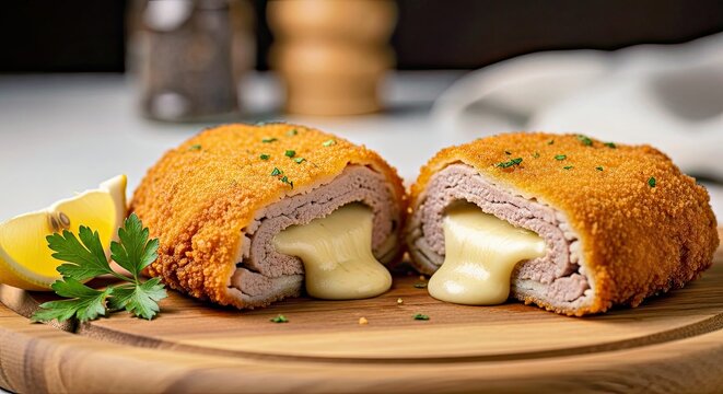 Golden Delight: A mouthwatering close-up of a perfectly cooked cordon bleu, boasting a crispy golden exterior. The image emphasizes the rich textures and delicious appeal.