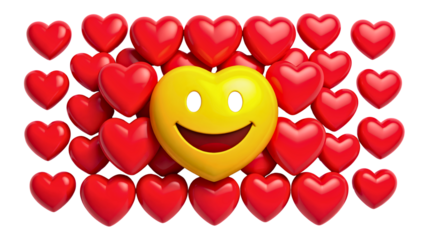 Joyful yellow emoji face surrounded by vibrant red hearts expressing love and happiness isolated on transparent background