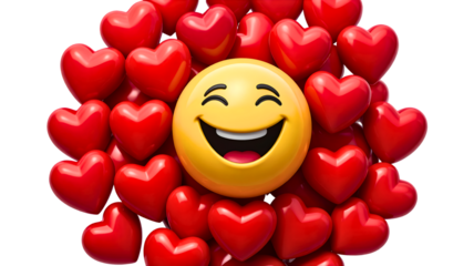 Joyful yellow emoji face surrounded by vibrant red hearts expressing love and happiness isolated on transparent background