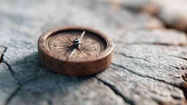 Vintage wooden compass resting on rugged rock surface, magnetic needle precisely indicating north, symbolizing wilderness exploration and navigational guidance during outdoor adventure
