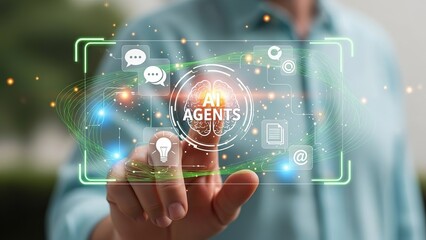 Man interacting with AI agents interface on transparent screen