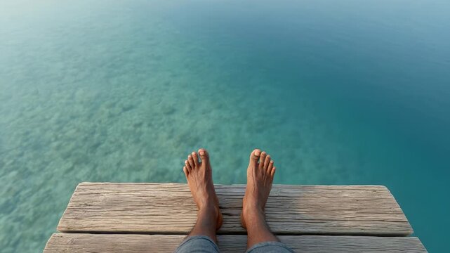 Turquoise water gently laps beneath bare feet dangling from a weathered wooden pier, inviting viewers to experience the tranquility of a seaside escape