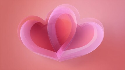 Layered pink and red translucent hearts on a gradient pink background.