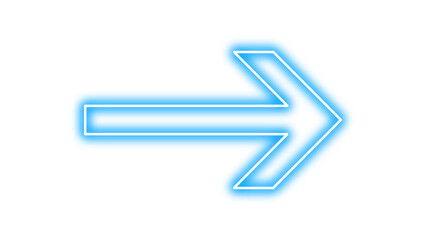 Right pointing blue vector arrow with neon glow effect. Bright luminous glowing arrow sign indicates right direction, modern and futuristic design element.