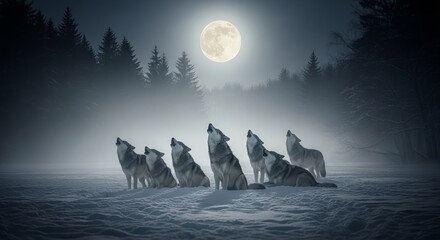 A pack of wolves howling together at the full moon in a mystical forest landscape under a dark, misty night sky