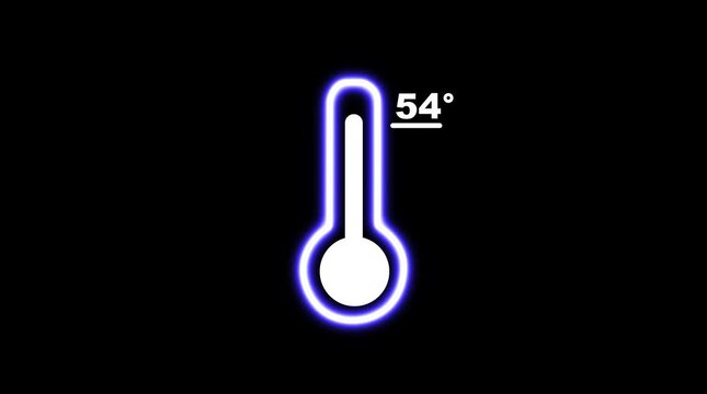 Neon blue thermometer showing 54 degrees on a black background temperature measurement