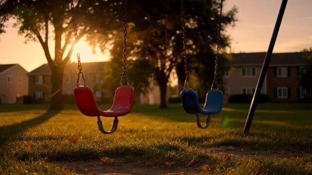 Empty swings gently sway on a sunny playground at golden hour capturing childhood memories and serenity