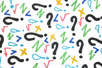 Hand-drawn icons in different colors with markers depicting mathematical and orthographic signs.