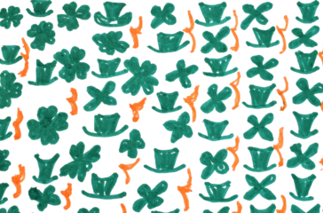 Hand-drawn green icons depicting shamrocks and leprechaun hats, as well as St. Patrick's red mustache. A St. Patrick's Day pattern.