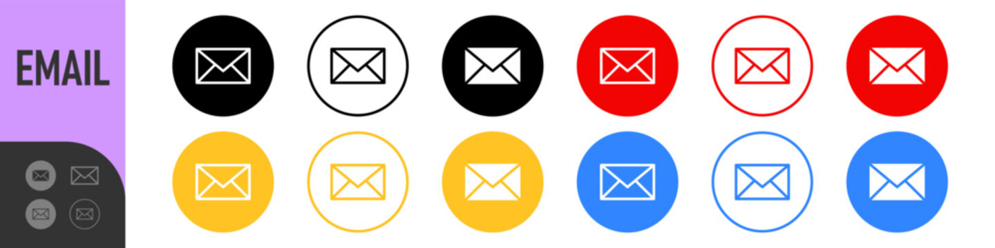 Email envelope icon button in color circle button for contact and communication, email, messaging, mail delivery. Color vector icon set