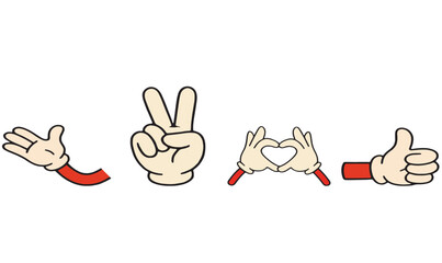 Obraz premium Vintage 1930s rubber hose animation style hand signs – Like, Love, and Victory symbols