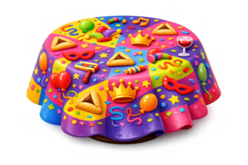 Colorful festive cake design with party decorations and musical elements for celebrations