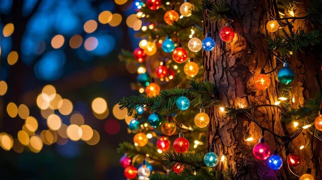 Outdoor evergreen tree trunk decorated with festive bright multi-colored Christmas ball ornaments and warm white string lights during nighttime.