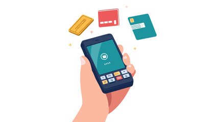 Hand holding smartphone with payment cards.