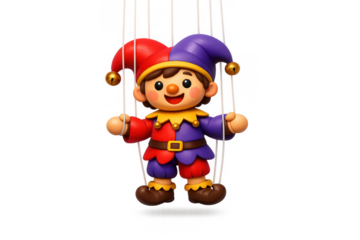 Colorful jester puppet with strings - fun character design for animation or illustration