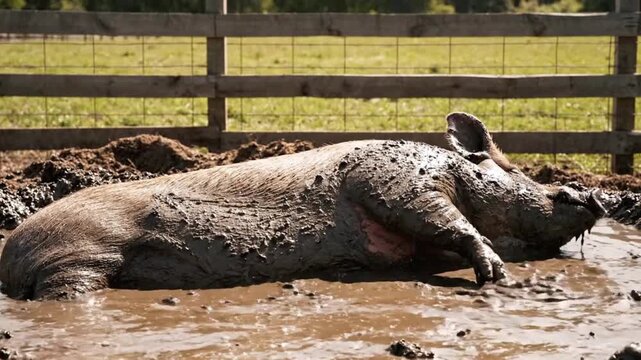 Large domestic pig relaxing comfortably while wallowing deeply in cool brown mud during a sunny day on the farm