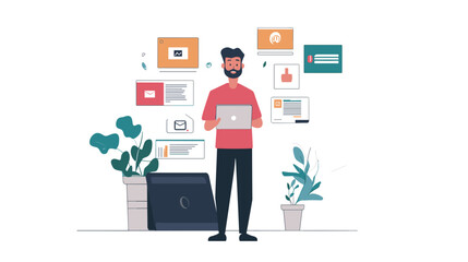 Man holding tablet with digital icons.